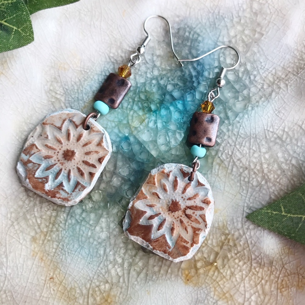 Handmade Boho Mixed Metal Clay Beaded Earrings